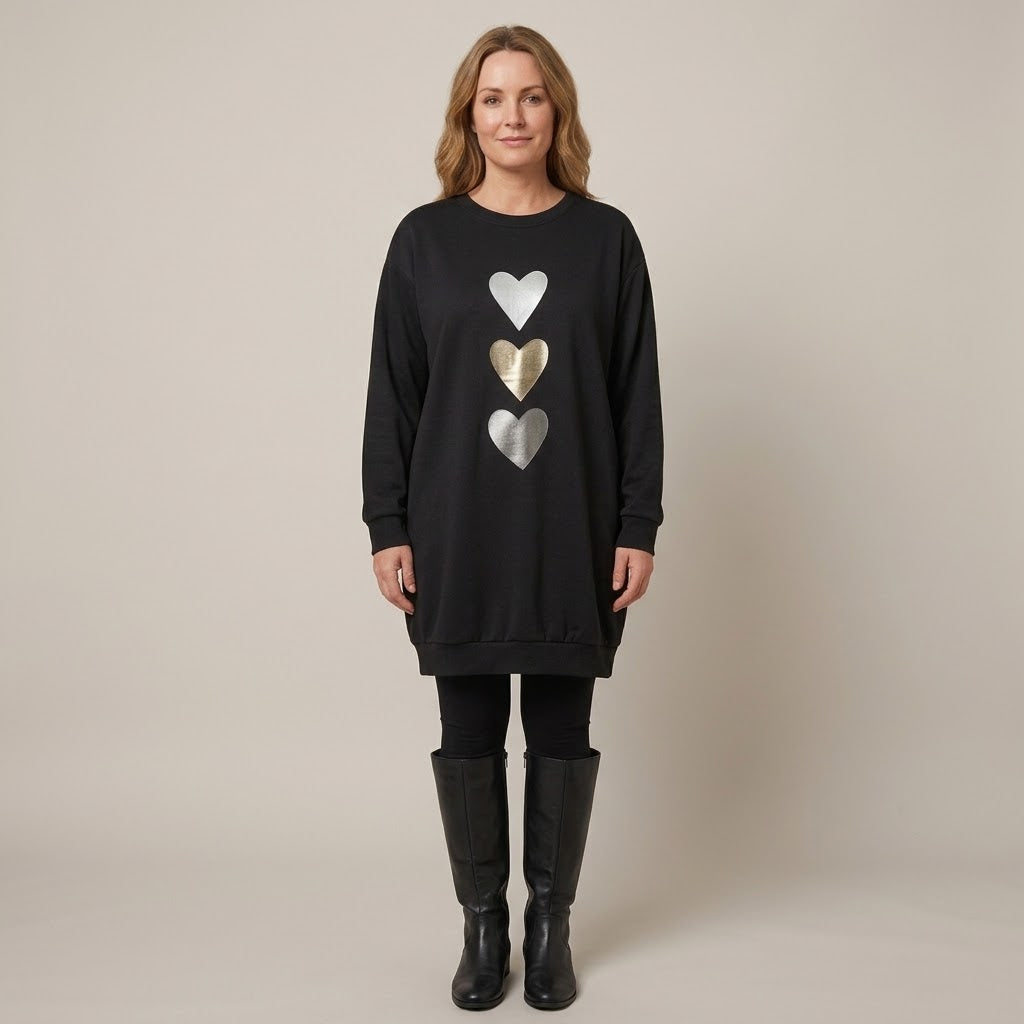 Women's Black Heart Print Sweatshirt Dress — Longline Oversized Jumper Dress