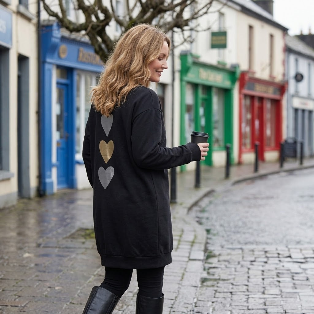 Women's Black Heart Print Sweatshirt Dress — Longline Oversized Jumper Dress