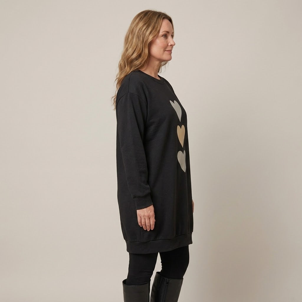 Women's Black Heart Print Sweatshirt Dress — Longline Oversized Jumper Dress