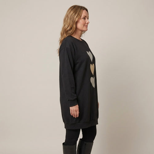 Women's Black Heart Print Sweatshirt Dress — Longline Oversized Jumper Dress