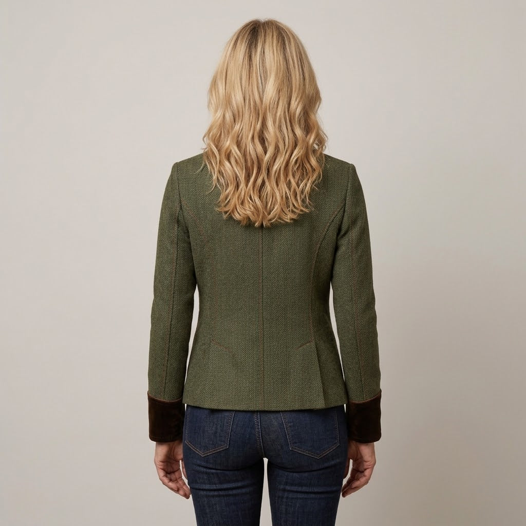 Women's Green Herringbone Jacket — Fitted Military Style Utility Blazer