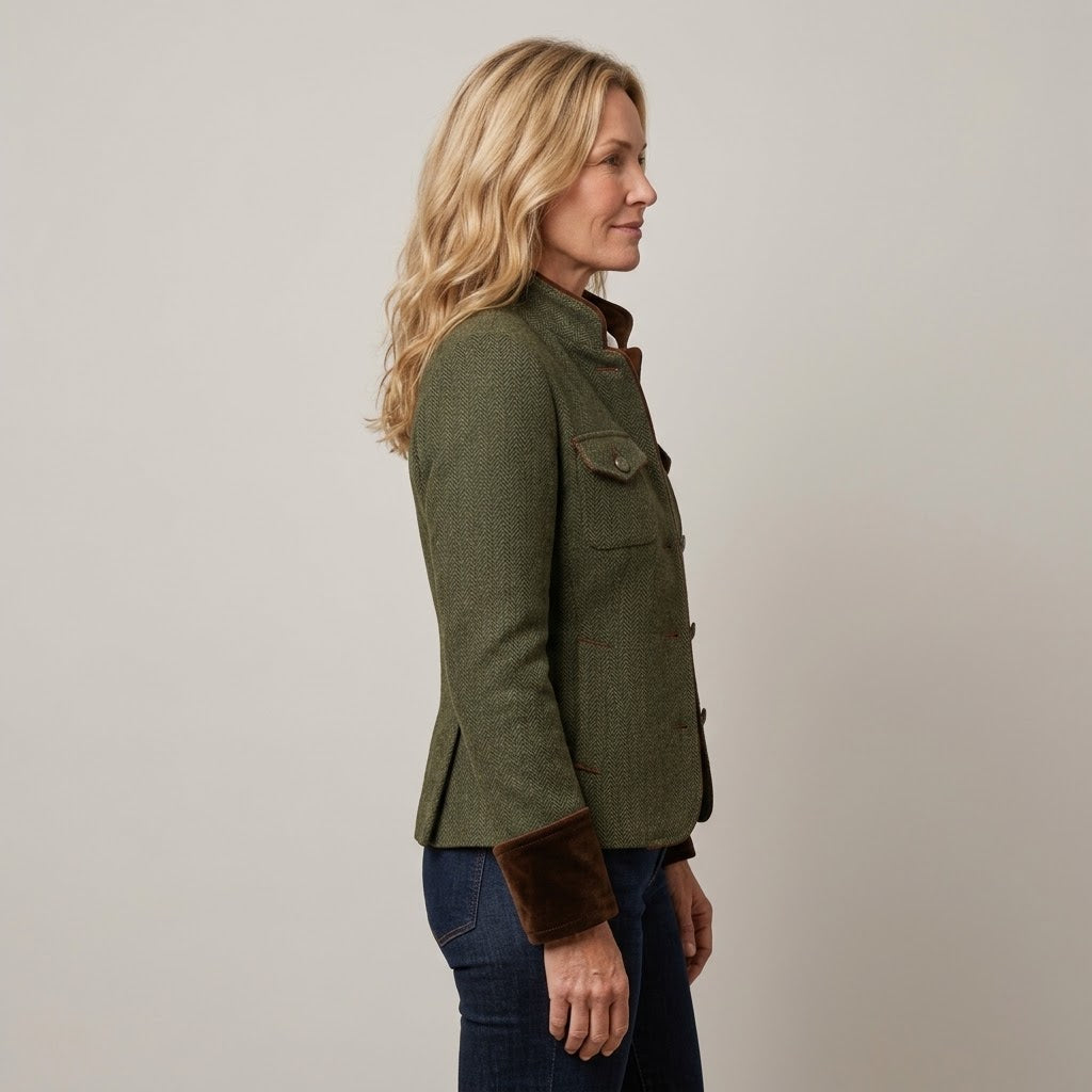 Women's Green Herringbone Jacket — Fitted Military Style Utility Blazer