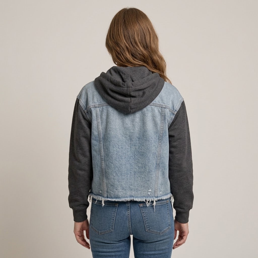 Women's Blue Hooded Denim Jacket — Oversized Frayed Hem Zip Up Jacket