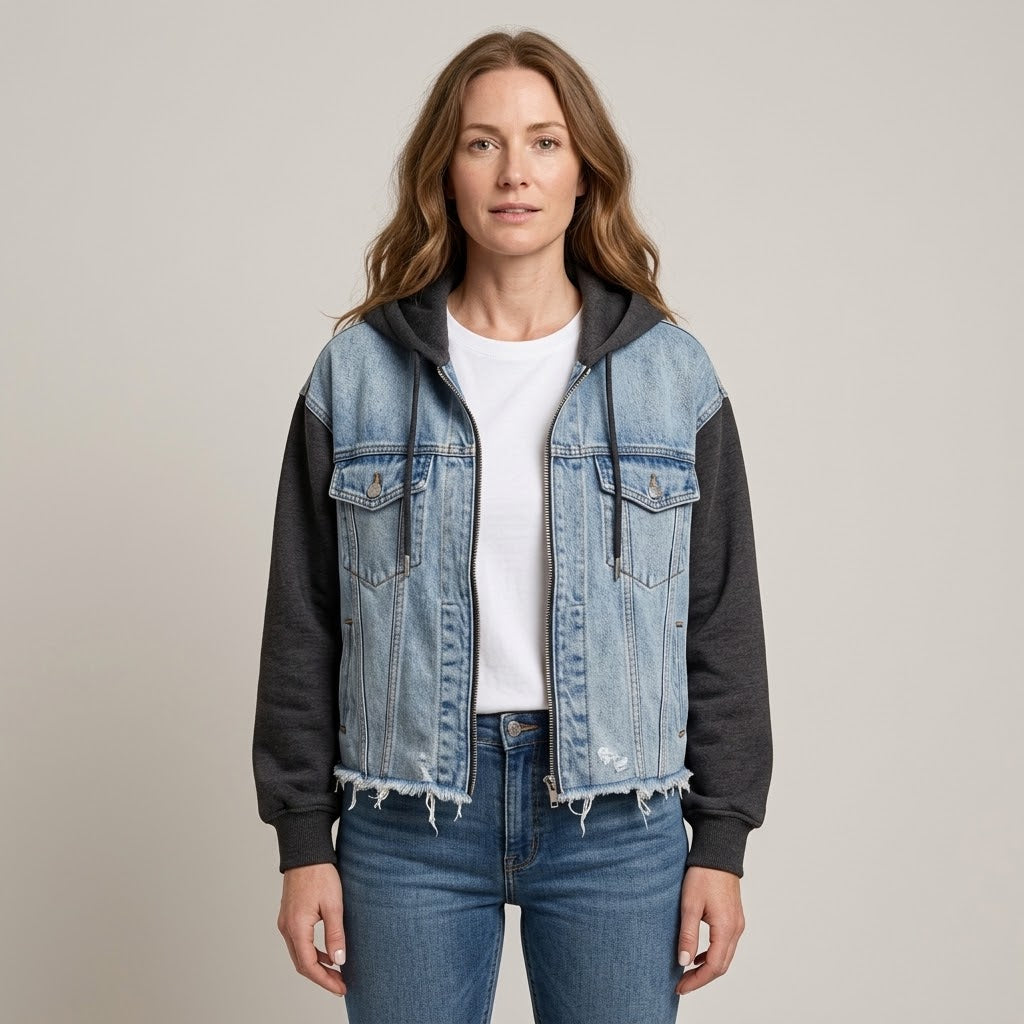 Women's Blue Hooded Denim Jacket — Oversized Frayed Hem Zip Up Jacket