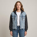 Women's Blue Hooded Denim Jacket — Oversized Frayed Hem Zip Up Jacket