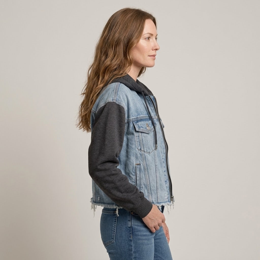 Women's Blue Hooded Denim Jacket — Oversized Frayed Hem Zip Up Jacket