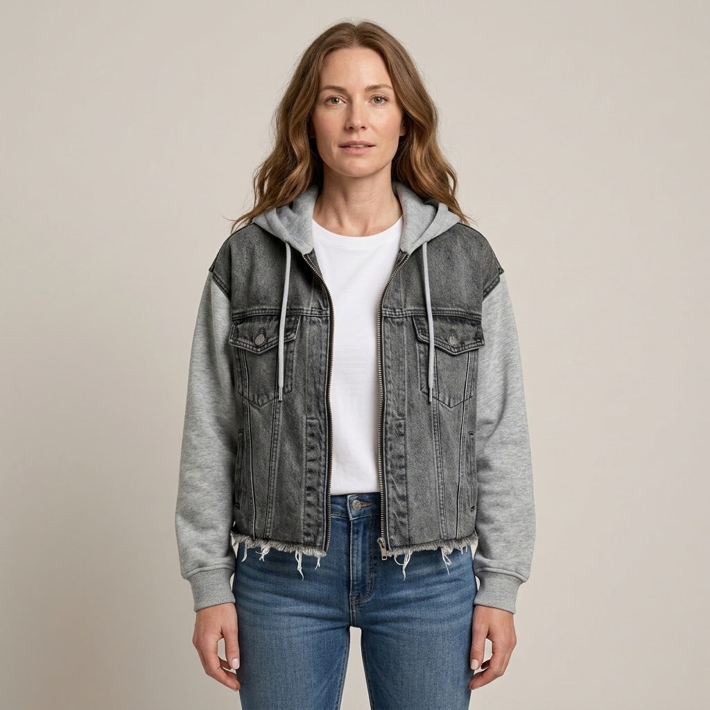 Women's Blue Hooded Denim Jacket — Oversized Frayed Hem Zip Up Jacket