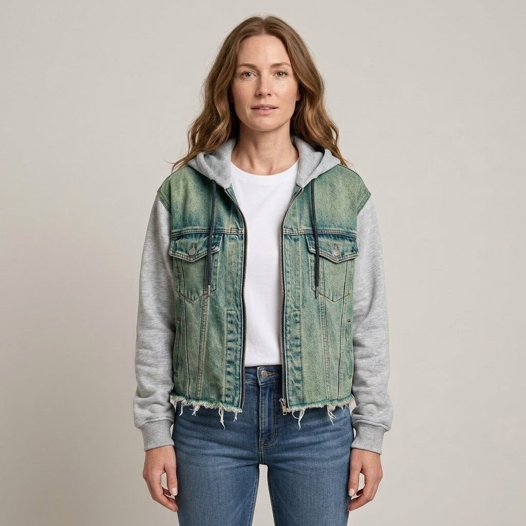 Women's Blue Hooded Denim Jacket — Oversized Frayed Hem Zip Up Jacket