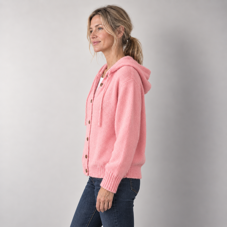 Ladies Hooded Knit Cardigan – Chunky Button Up Hoodie Cardigan with Pockets