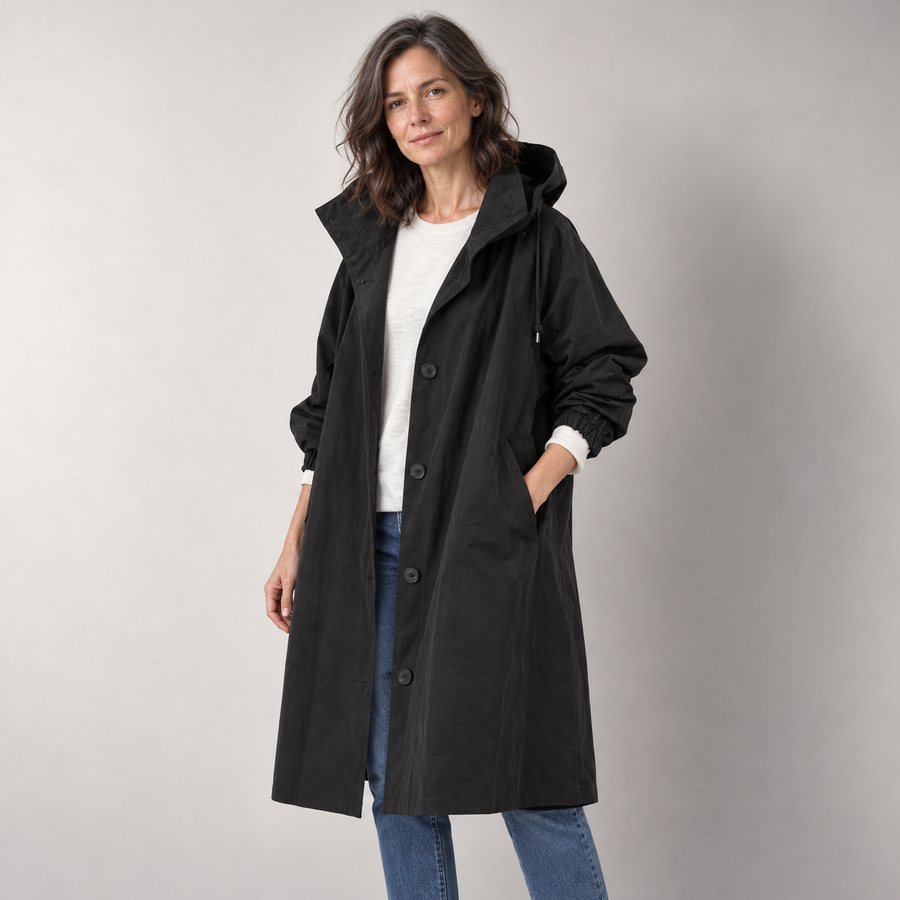Ladies Black Hooded Longline Coat – Button Front, High Collar, Elasticated Cuffs, Knee Length