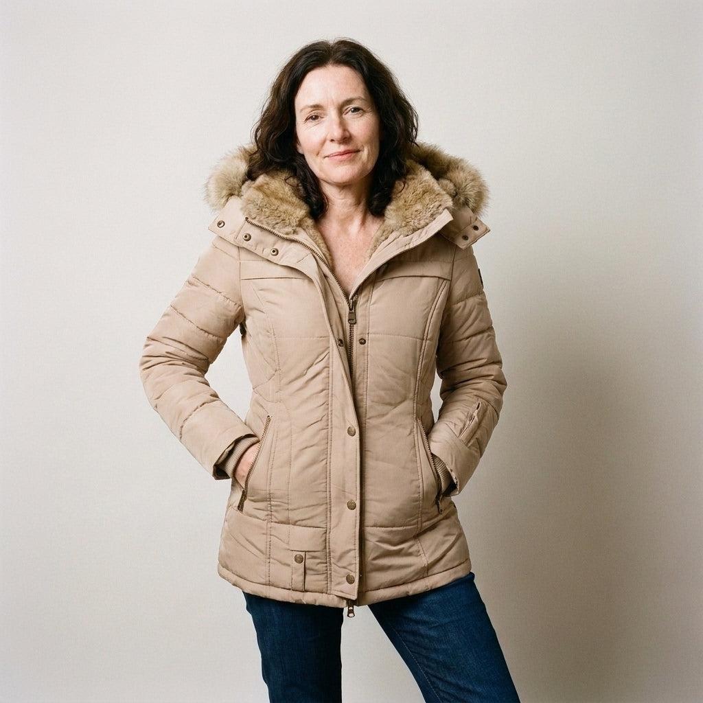 Ladies Black Quilted Padded Winter Coat with Faux Fur Hood