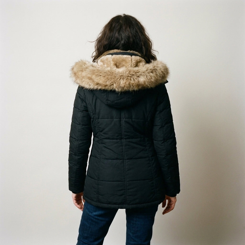 Ladies Black Quilted Padded Winter Coat with Faux Fur Hood