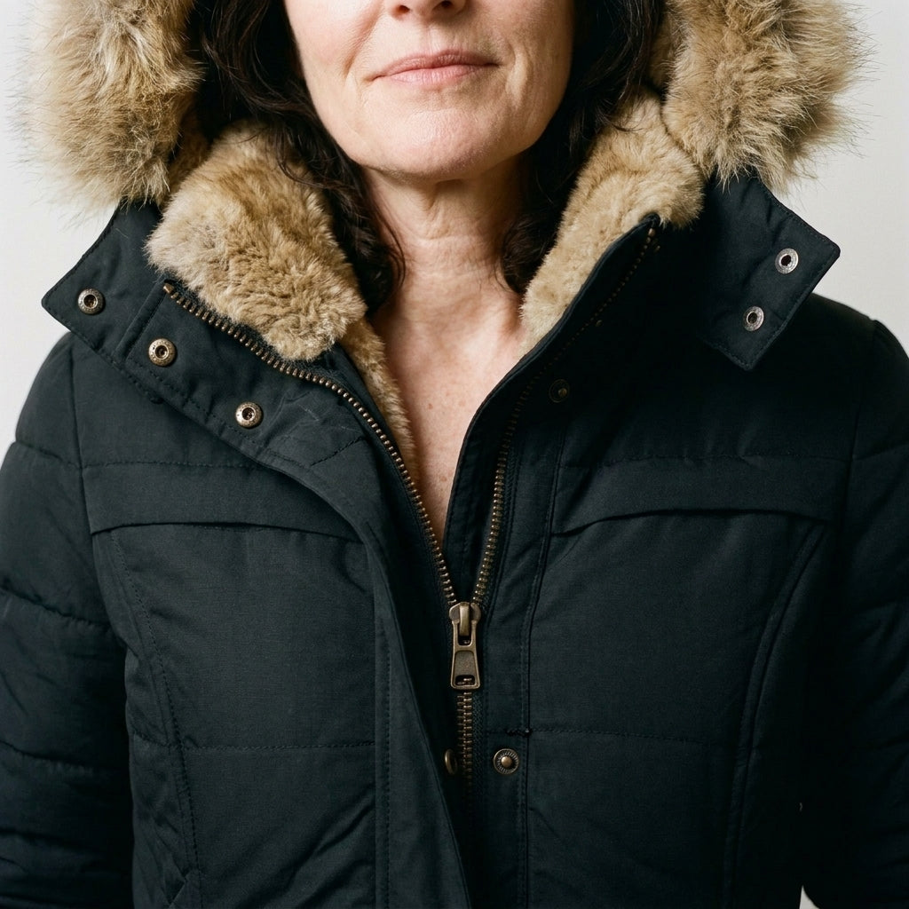Ladies Black Quilted Padded Winter Coat with Faux Fur Hood