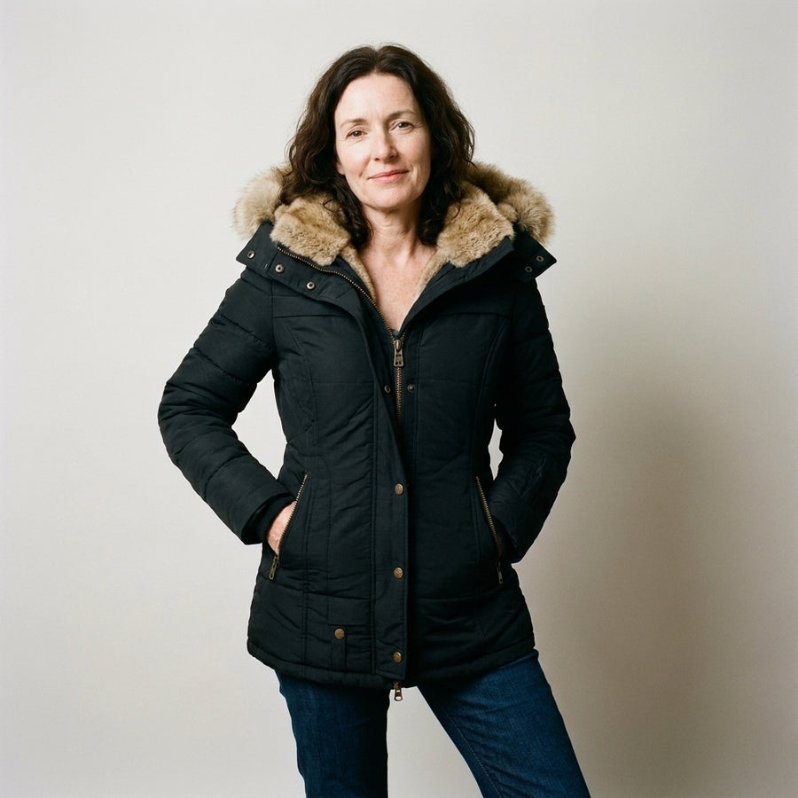 Ladies Black Quilted Padded Winter Coat with Faux Fur Hood