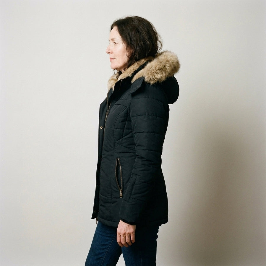 Ladies Black Quilted Padded Winter Coat with Faux Fur Hood