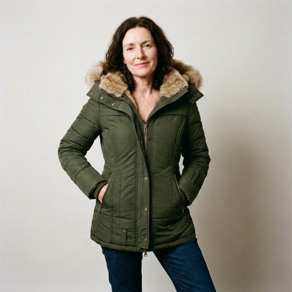 Ladies Black Quilted Padded Winter Coat with Faux Fur Hood