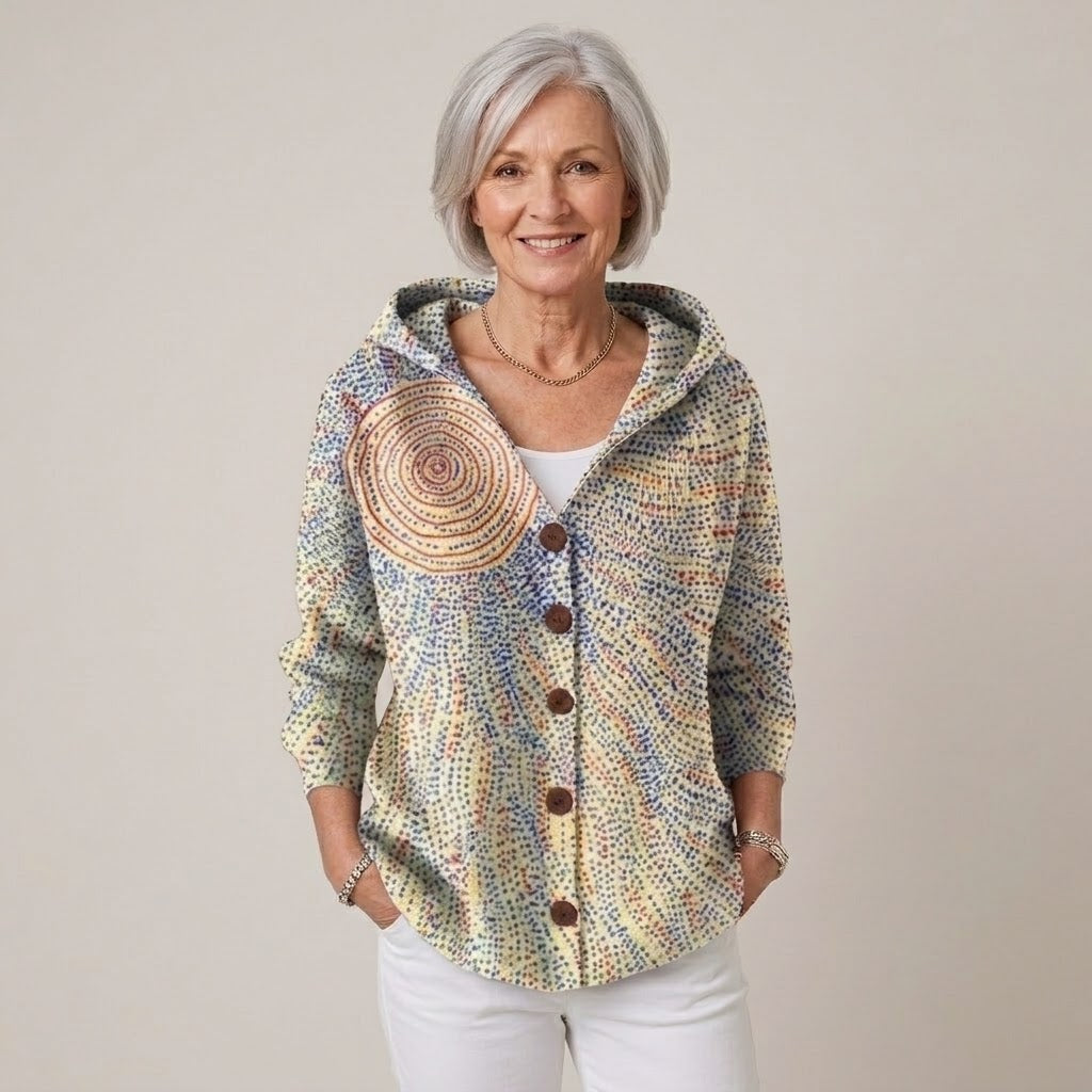 Women's Sage Green Hooded Cardigan — Floral Print Button Front Soft Knit Jacket