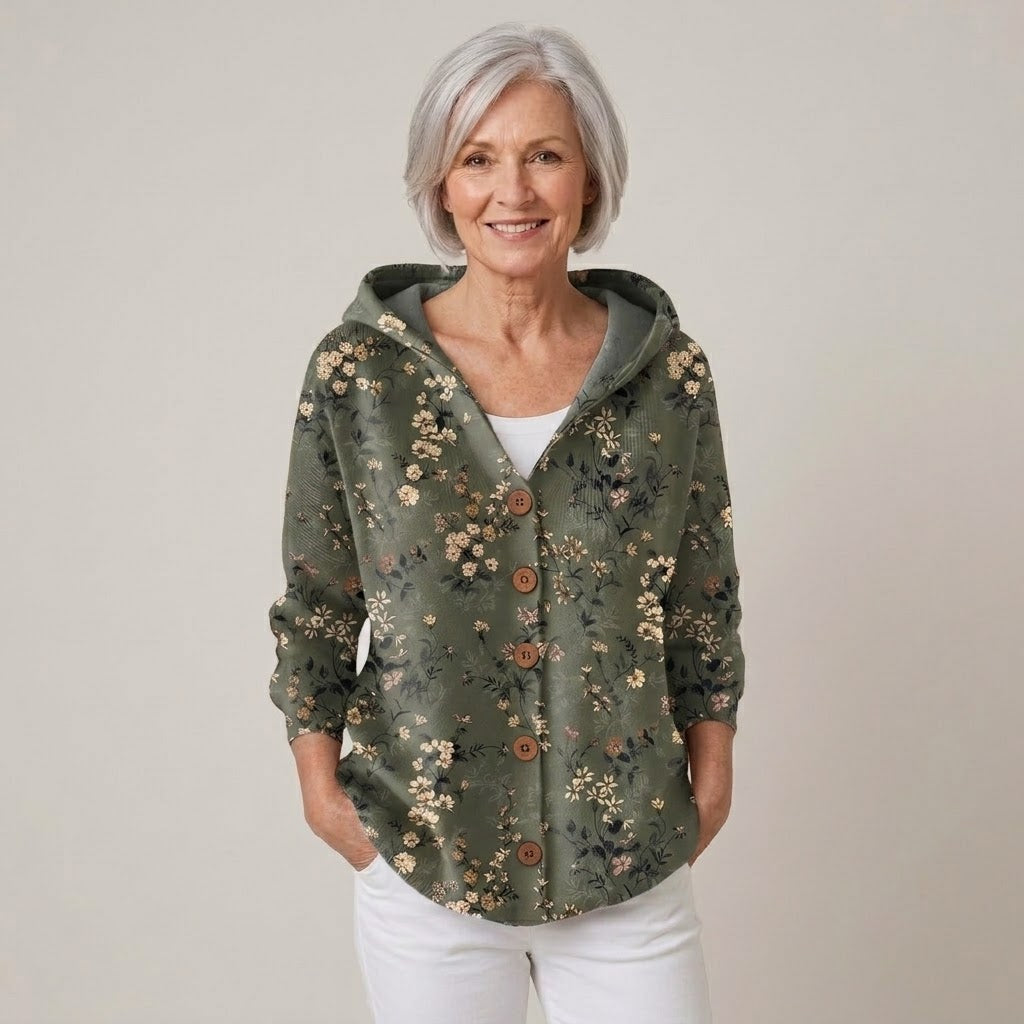 Women's Sage Green Hooded Cardigan — Floral Print Button Front Soft Knit Jacket