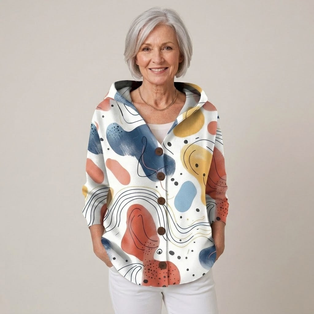 Women's Sage Green Hooded Cardigan — Floral Print Button Front Soft Knit Jacket
