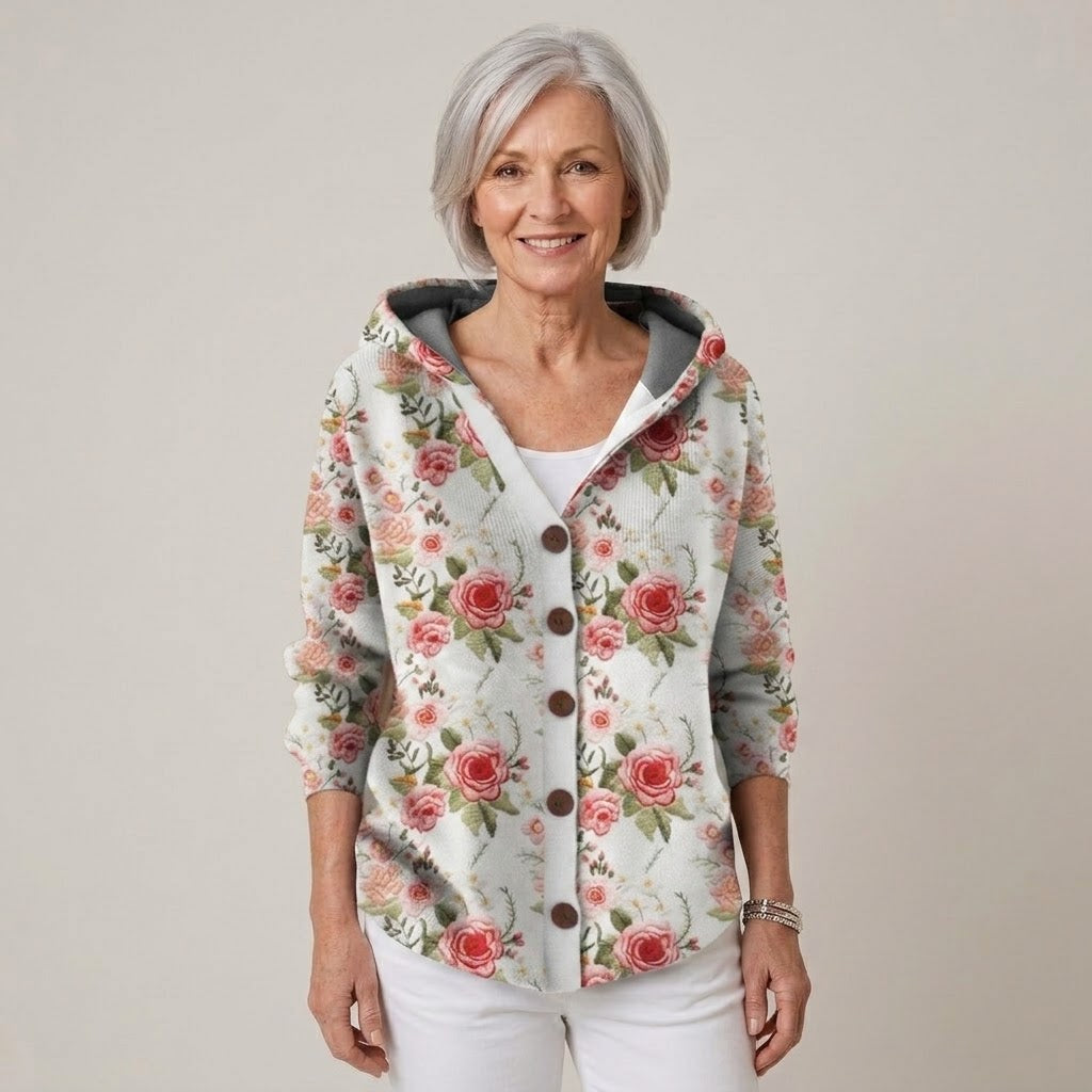 Women's Sage Green Hooded Cardigan — Floral Print Button Front Soft Knit Jacket