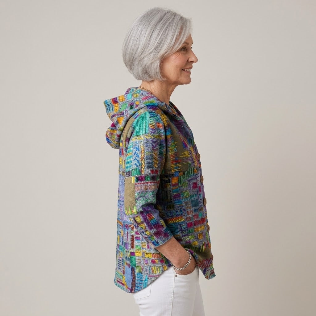 Women's Sage Green Hooded Cardigan — Floral Print Button Front Soft Knit Jacket