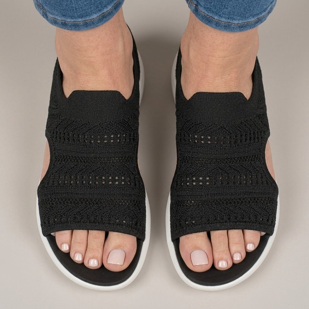 Women's Black Comfort Sandals — Knit Open Toe Slingback Wedge Summer Sandals