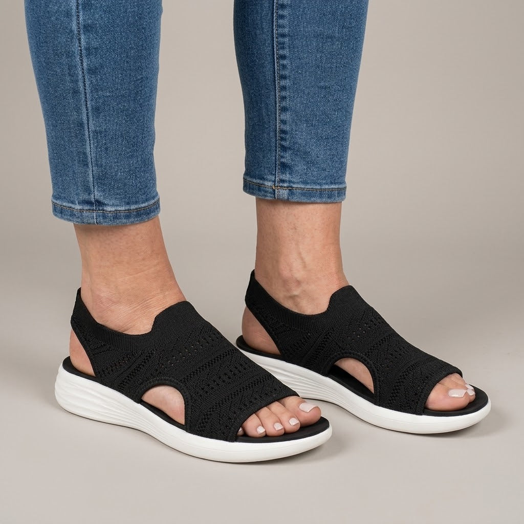 Women's Black Comfort Sandals — Knit Open Toe Slingback Wedge Summer Sandals