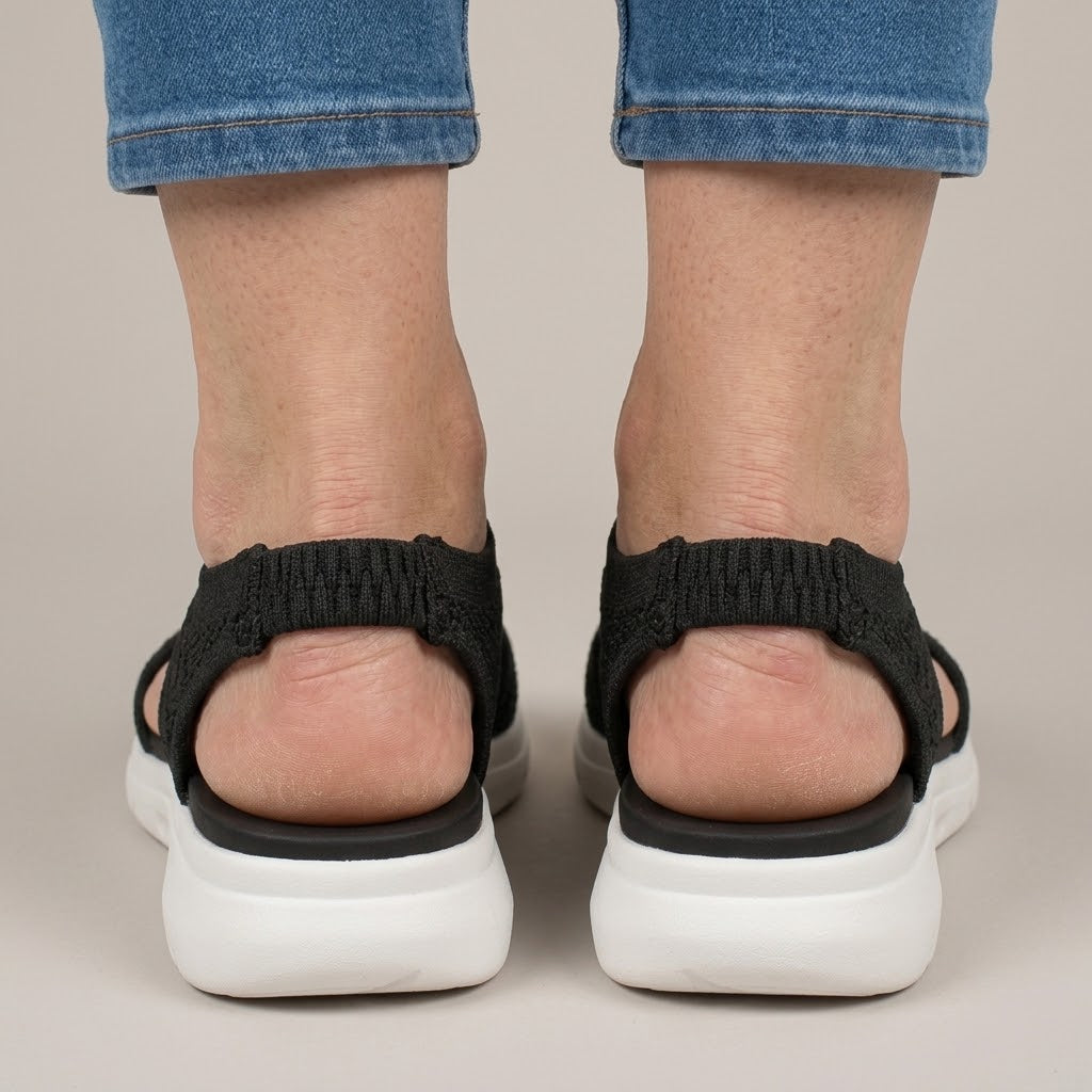 Women's Black Comfort Sandals — Knit Open Toe Slingback Wedge Summer Sandals