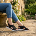 Women's Black Comfort Sandals — Knit Open Toe Slingback Wedge Summer Sandals