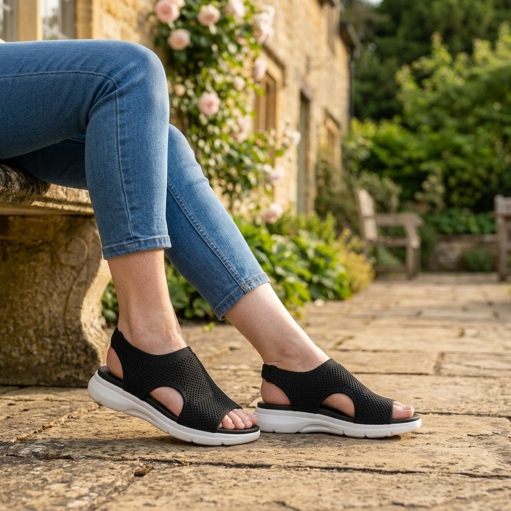 Women's Black Comfort Sandals — Knit Open Toe Slingback Wedge Summer Sandals