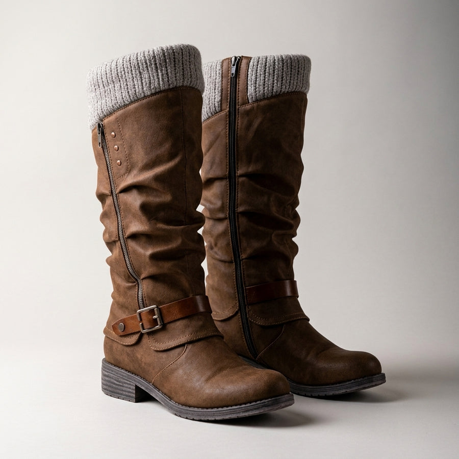Ladies Knit Cuff Mid Calf Boots – Faux Suede Slouch Boots with Low Block Heel