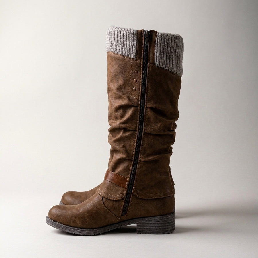 Ladies Knit Cuff Mid Calf Boots – Faux Suede Slouch Boots with Low Block Heel