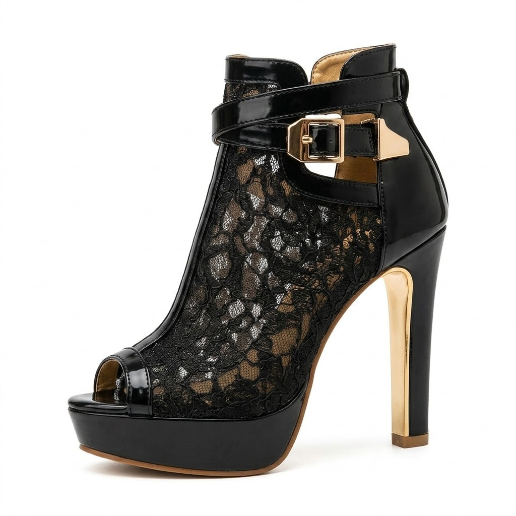 Clara Lace Peep Toe Heel — Women's Platform Ankle Strap Stiletto Bootie