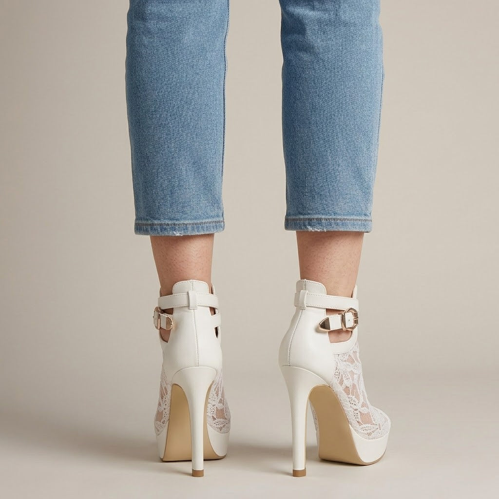 Clara Lace Peep Toe Heel — Women's Platform Ankle Strap Stiletto Bootie