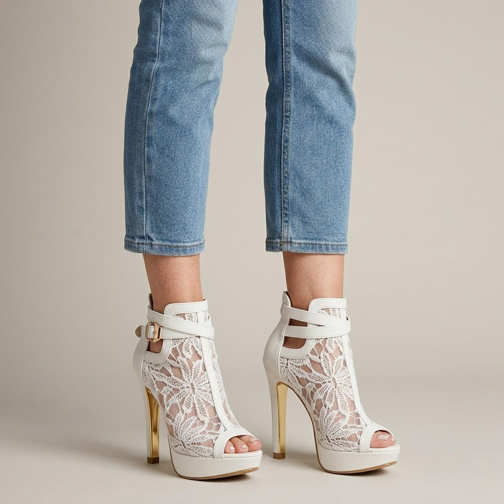 Clara Lace Peep Toe Heel — Women's Platform Ankle Strap Stiletto Bootie