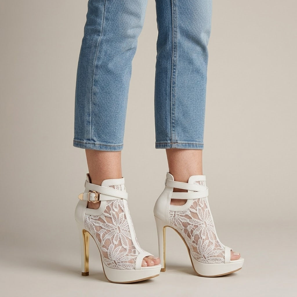 Clara Lace Peep Toe Heel — Women's Platform Ankle Strap Stiletto Bootie