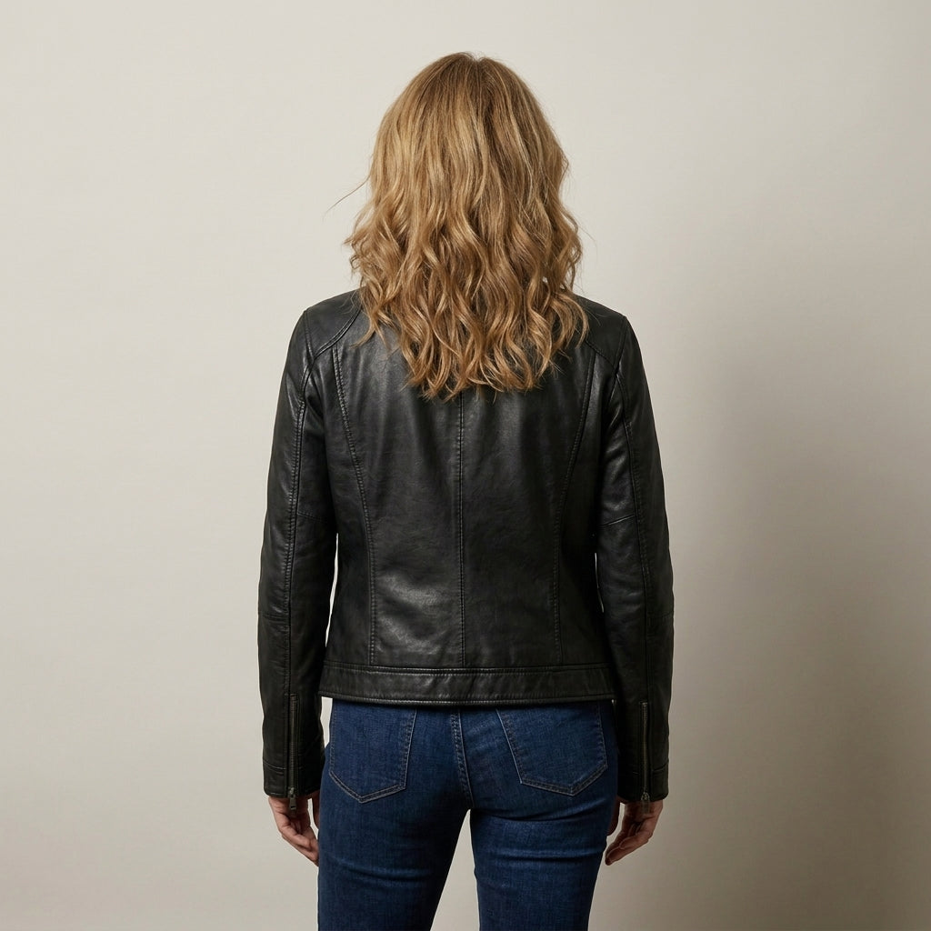 Ladies Black Biker Jacket – Zip Front, Stand Collar, Zip Pockets, Fitted Hip Length