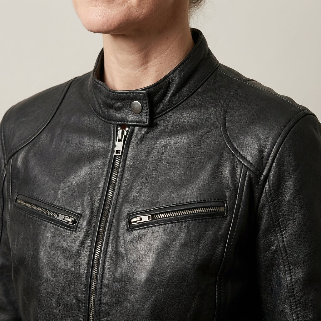 Ladies Black Biker Jacket – Zip Front, Stand Collar, Zip Pockets, Fitted Hip Length
