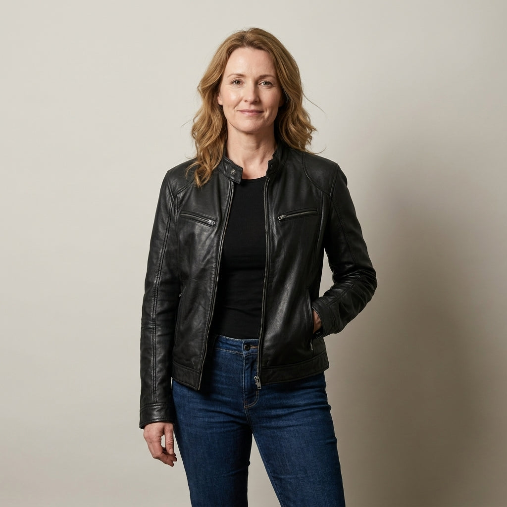 Ladies Black Biker Jacket – Zip Front, Stand Collar, Zip Pockets, Fitted Hip Length