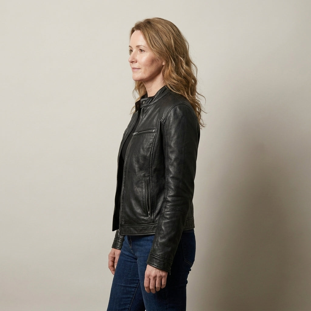 Ladies Black Biker Jacket – Zip Front, Stand Collar, Zip Pockets, Fitted Hip Length
