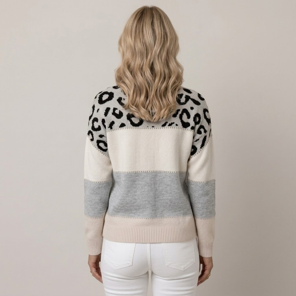 Women's Grey Leopard Print Jumper — Colour Block Knit Round Neck Swea