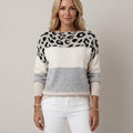 Women's Grey Leopard Print Jumper — Colour Block Knit Round Neck Swea