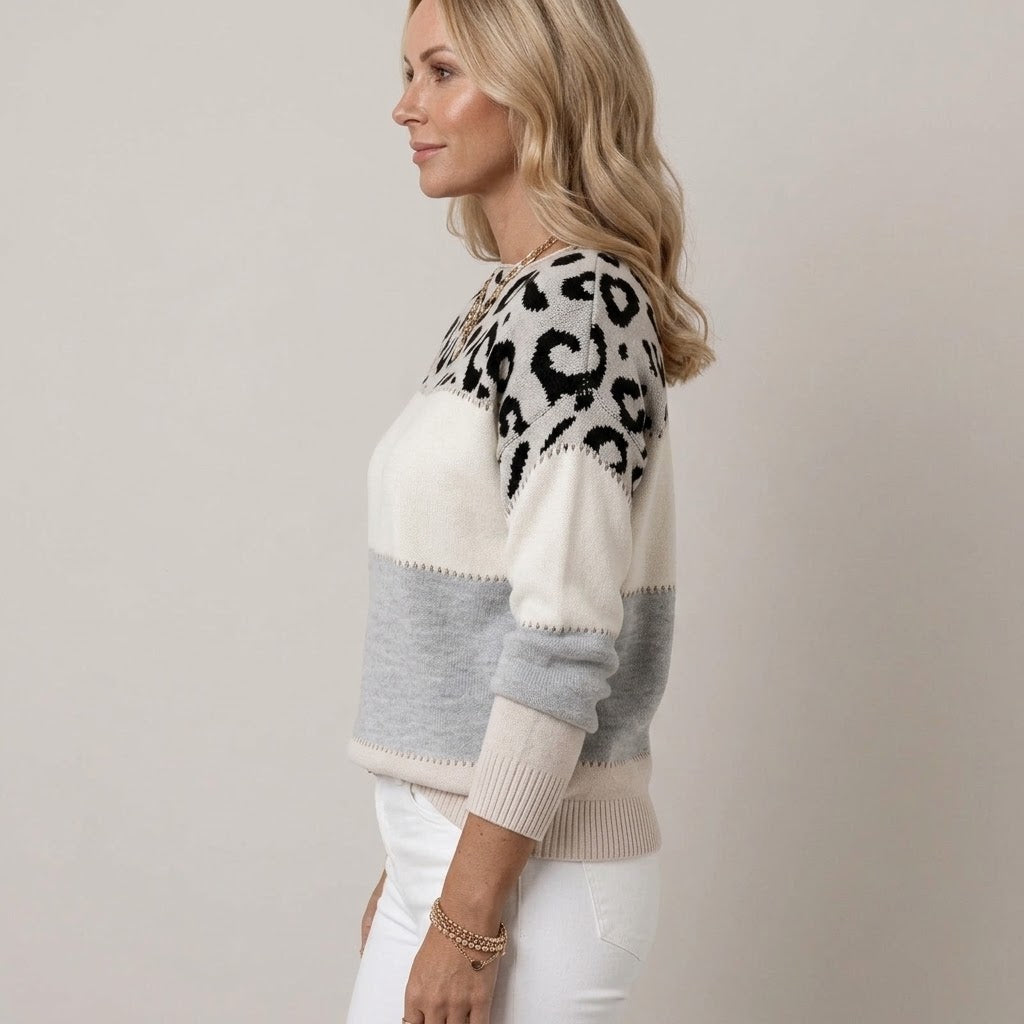Women's Grey Leopard Print Jumper — Colour Block Knit Round Neck Swea