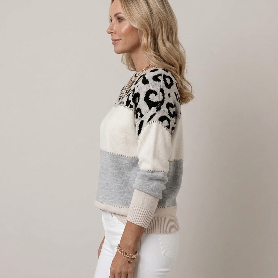 Women's Grey Leopard Print Jumper — Colour Block Knit Round Neck Swea