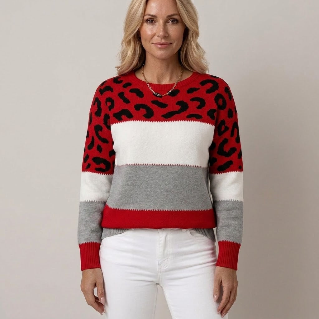 Women's Grey Leopard Print Jumper — Colour Block Knit Round Neck Swea