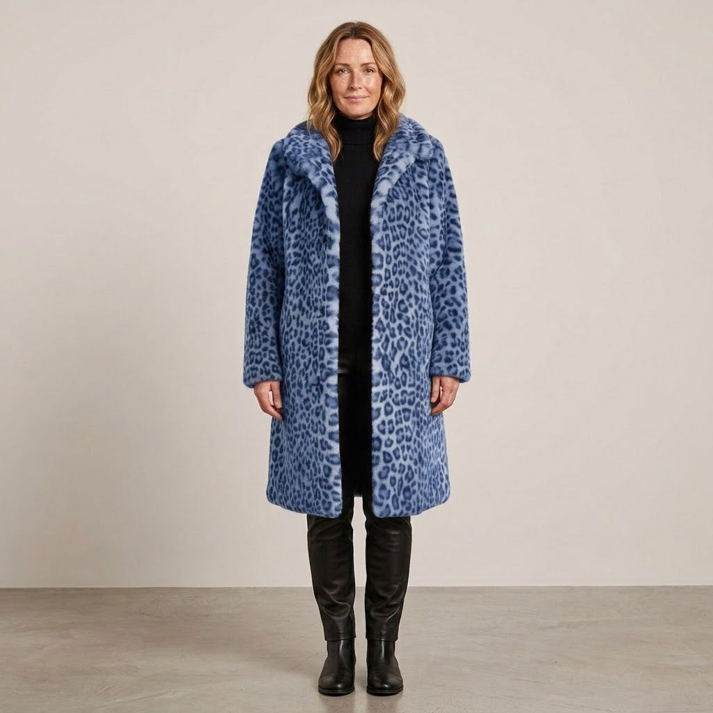 Women's Leopard Print Faux Fur Coat — Longline Lapel Collar Winter Jacket