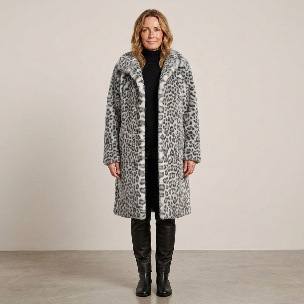 Women's Leopard Print Faux Fur Coat — Longline Lapel Collar Winter Jacket