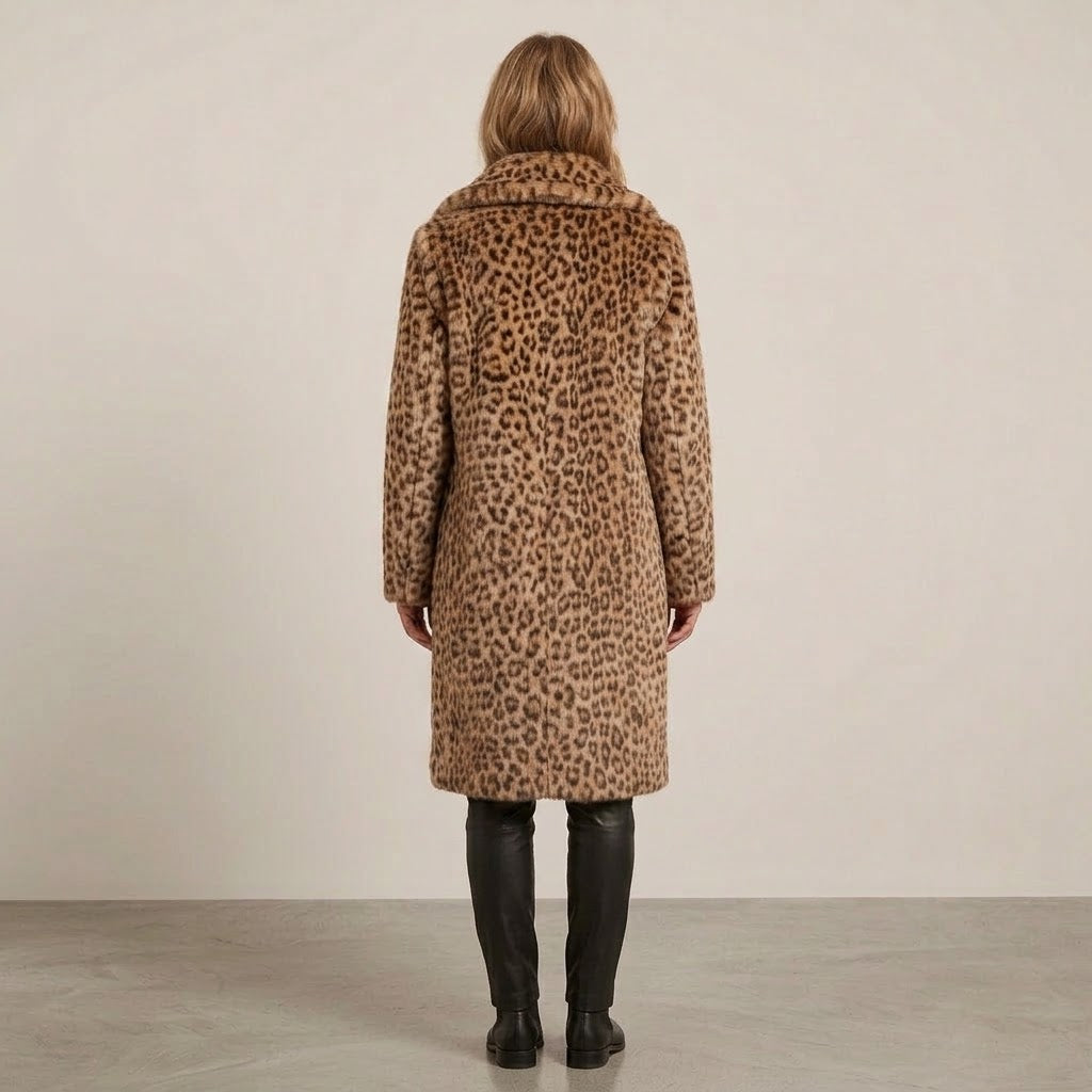 Women's Leopard Print Faux Fur Coat — Longline Lapel Collar Winter Jacket