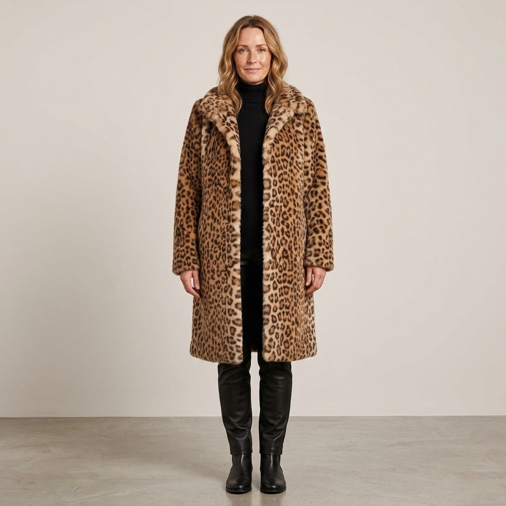 Women's Leopard Print Faux Fur Coat — Longline Lapel Collar Winter Jacket