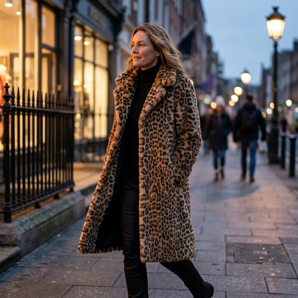 Women's Leopard Print Faux Fur Coat — Longline Lapel Collar Winter Jacket